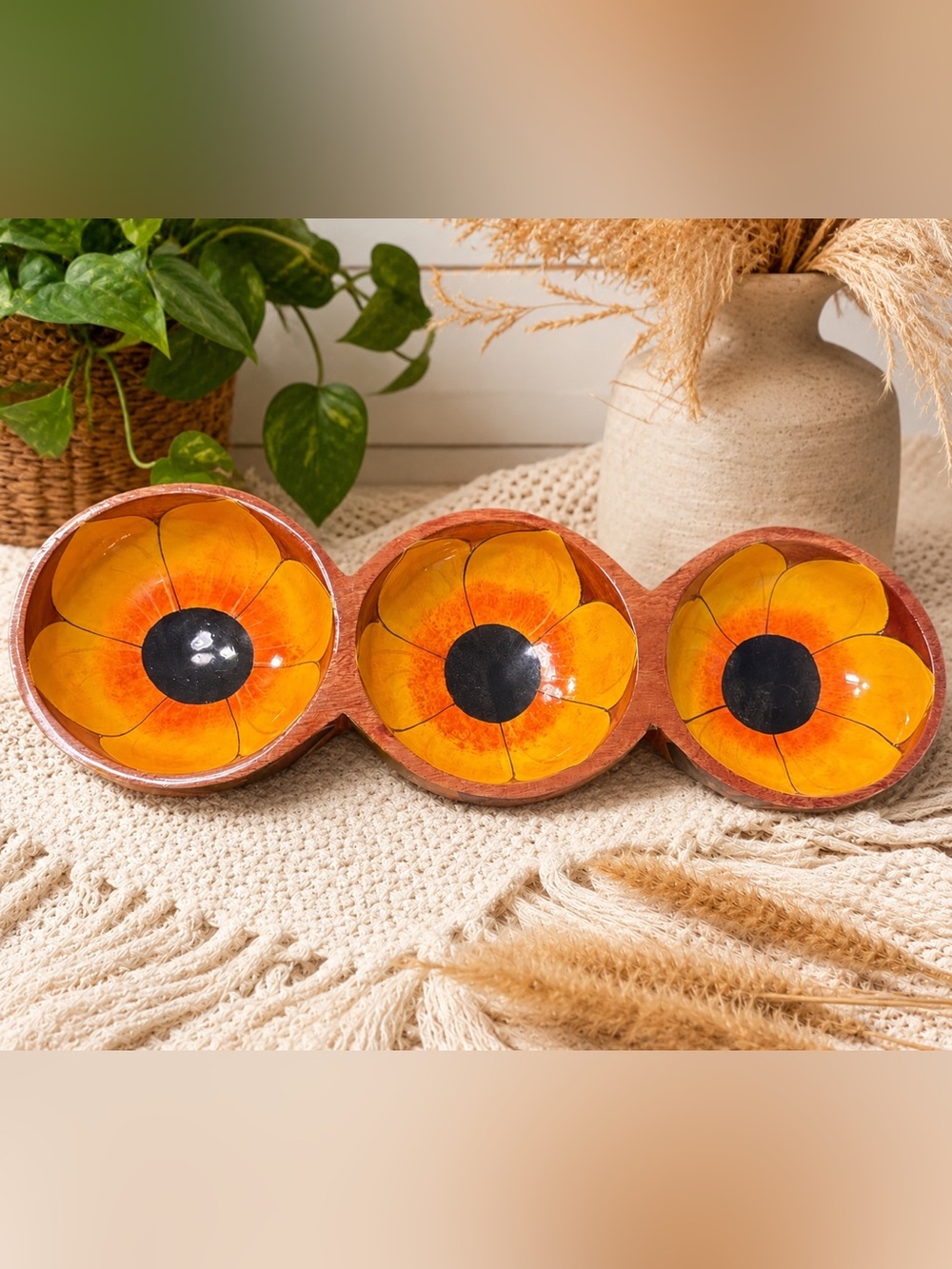 Hand Painted Sunflower Wooden Triple Bowl Serving Tray